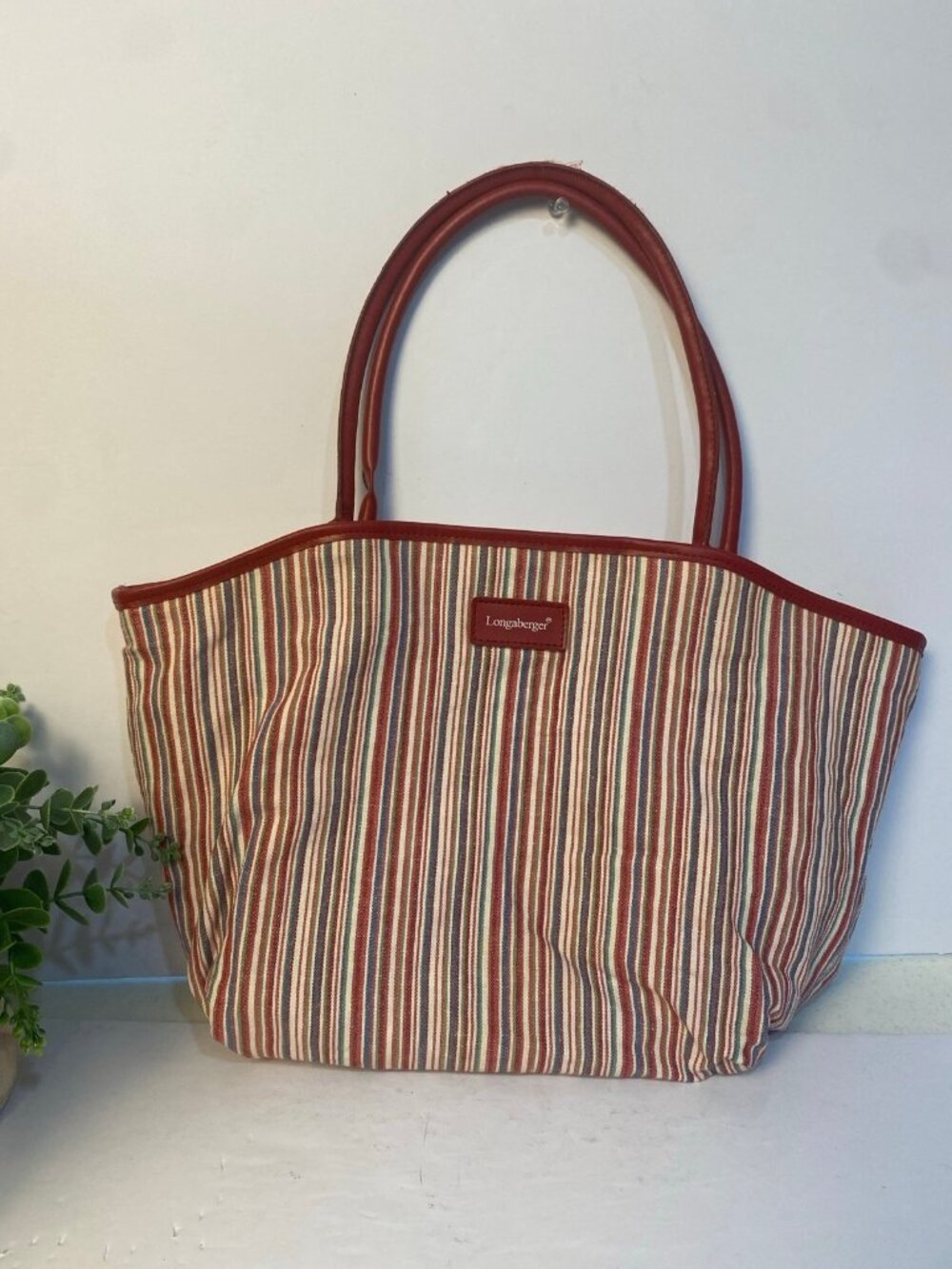 Vintage Longaberger Homestead Large Striped Canvas Tote Bag 17” Wide Open Top
